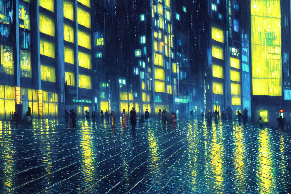 Rainy Night City Scene: Neon-lit with Silhouettes
