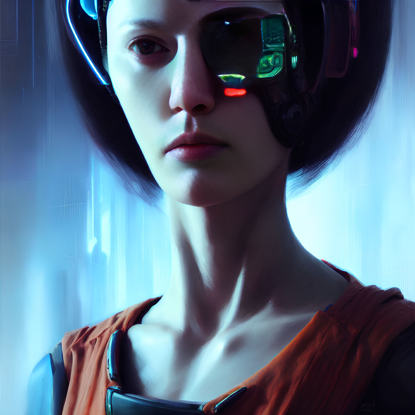 Futuristic digital painting of a woman with cybernetic enhancements