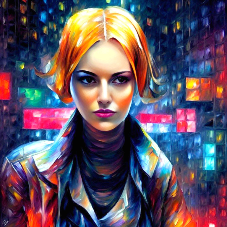 Colorful Stylized Portrait of Woman with Striking Orange Hair
