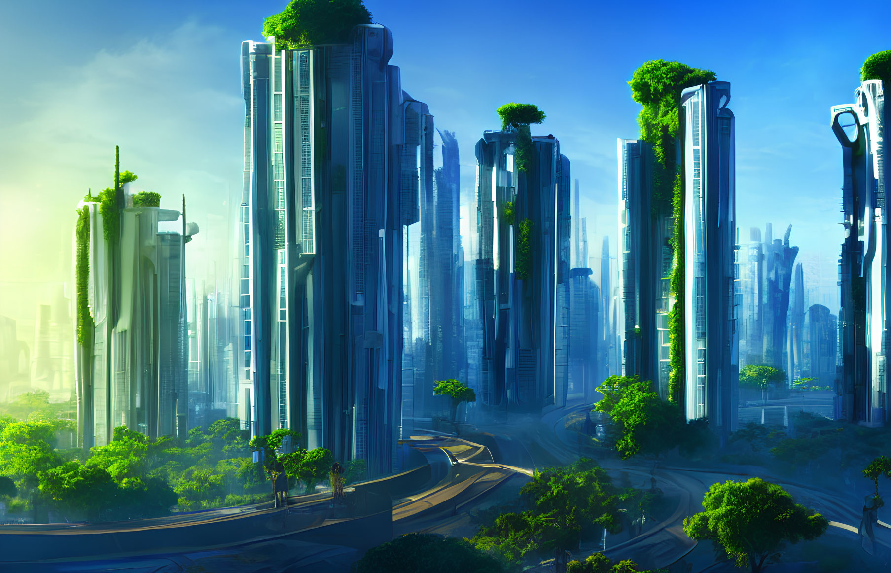 Futuristic cityscape featuring greenery-adorned skyscrapers in soft blue light