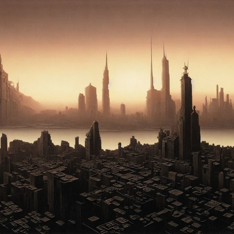 Dystopian cityscape with geometric buildings and skyscrapers at dawn or dusk