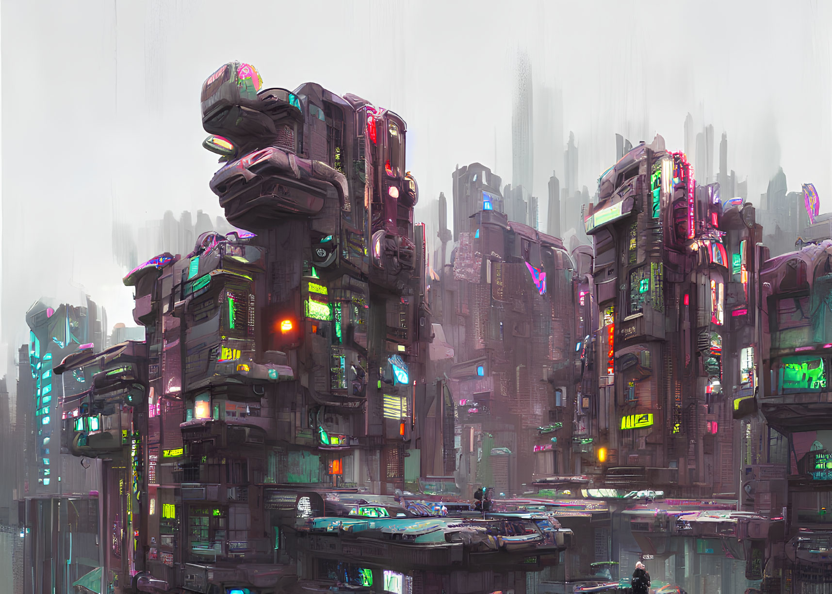 Futuristic cityscape with towering neon-lit buildings under overcast sky