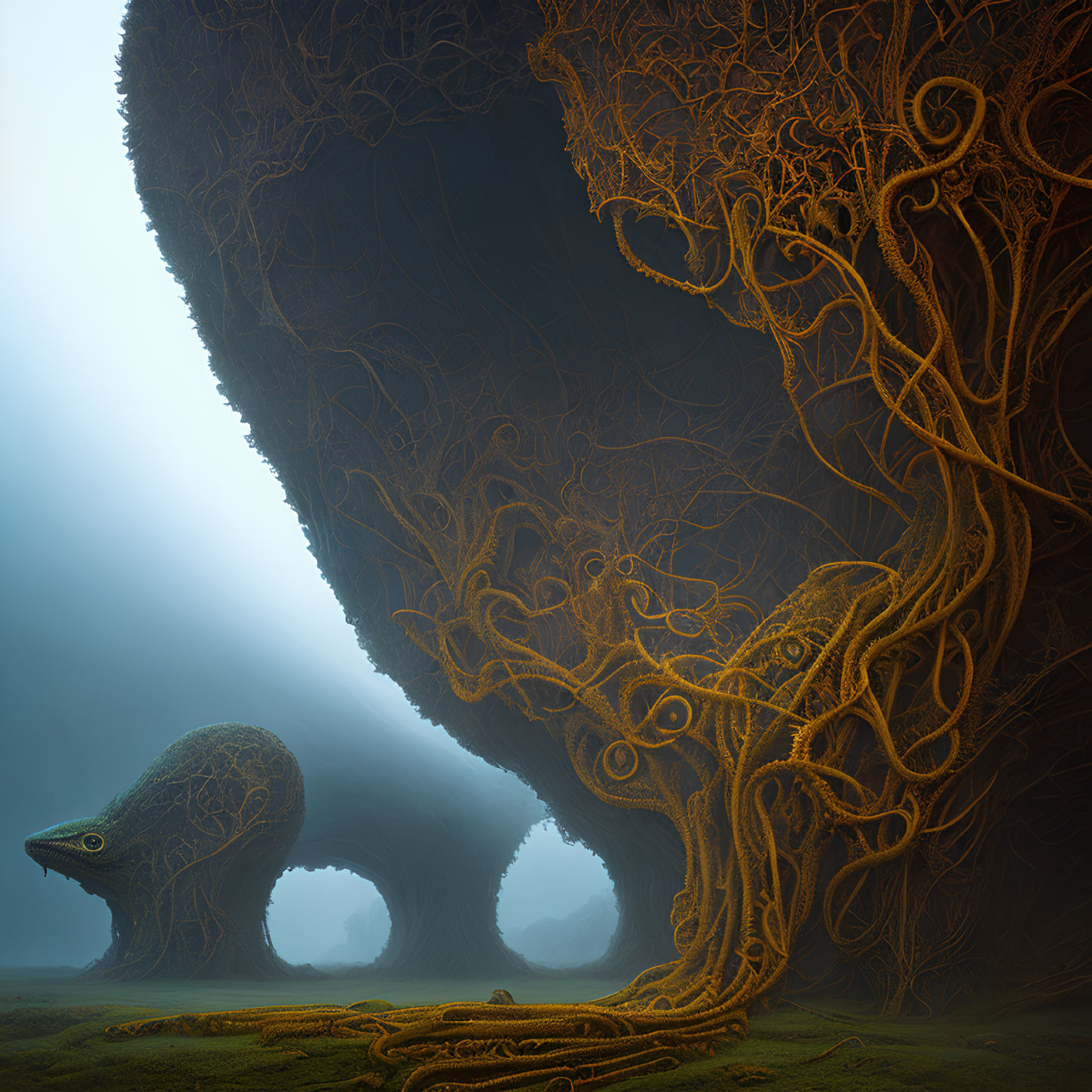 Surreal landscape with tree-like canopy and creature head opening