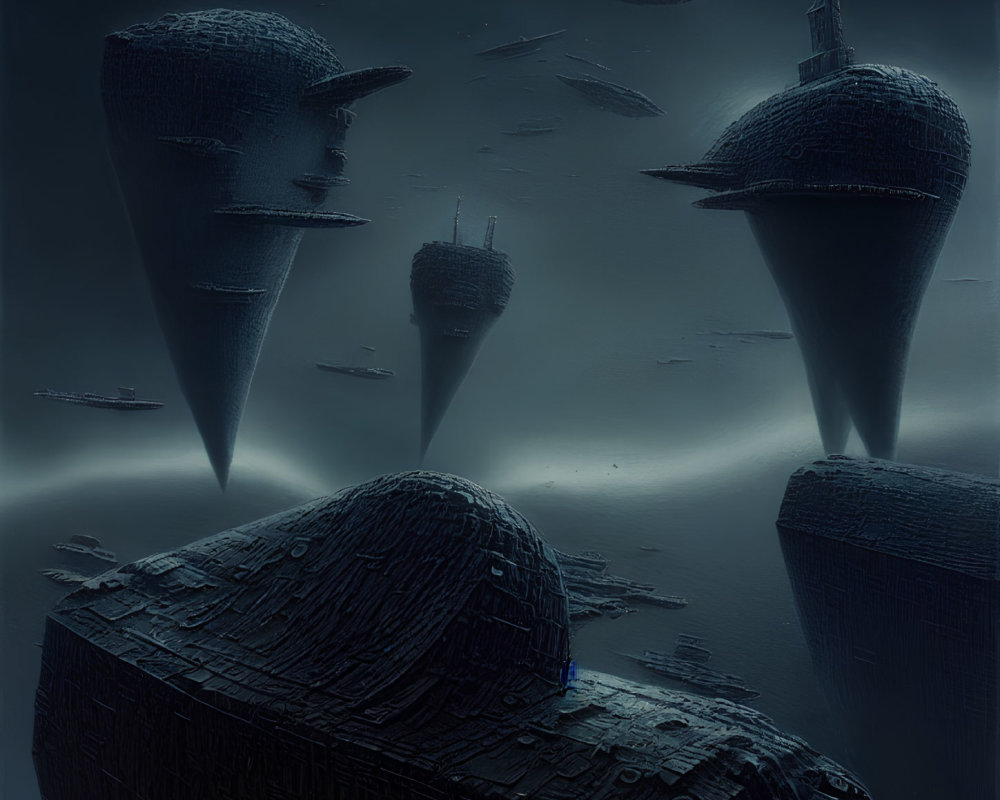 Futuristic cityscape with floating towers above spaceship and smaller vessels