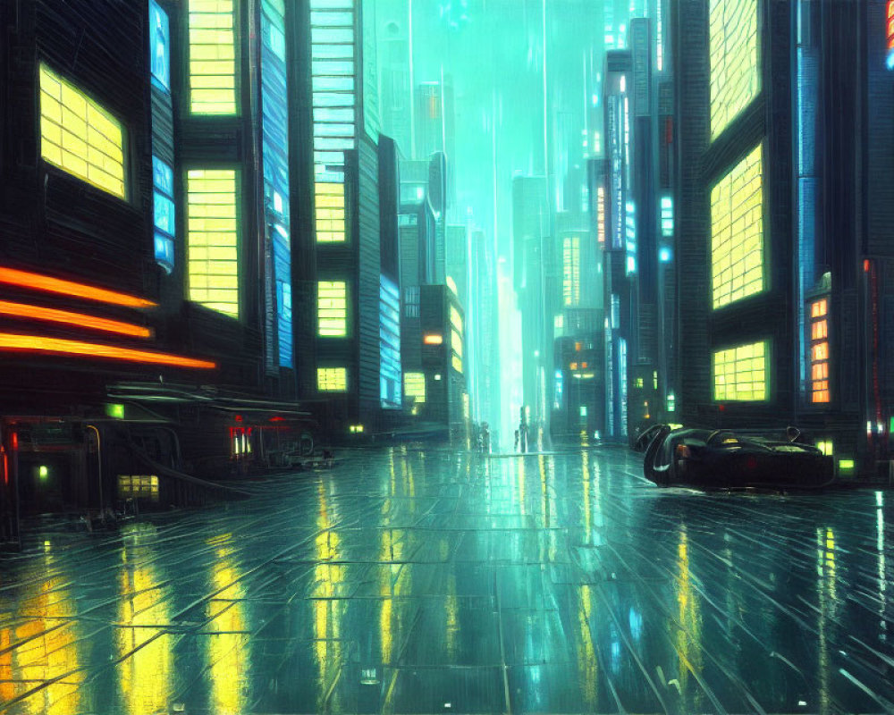 Futuristic city street with neon lights and skyscrapers in rain.