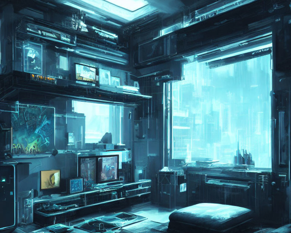 Futuristic room with multiple screens, blue tones, neon lights, and high-tech skyscrapers