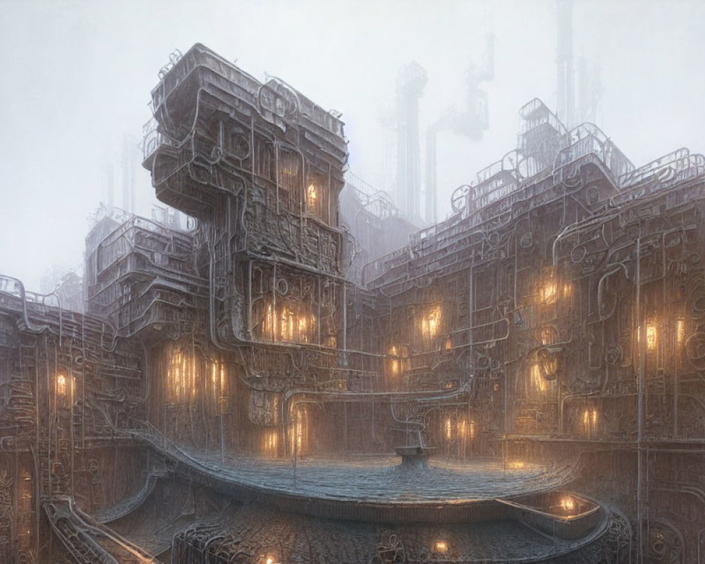 Futuristic industrial complex in mist with lit windows