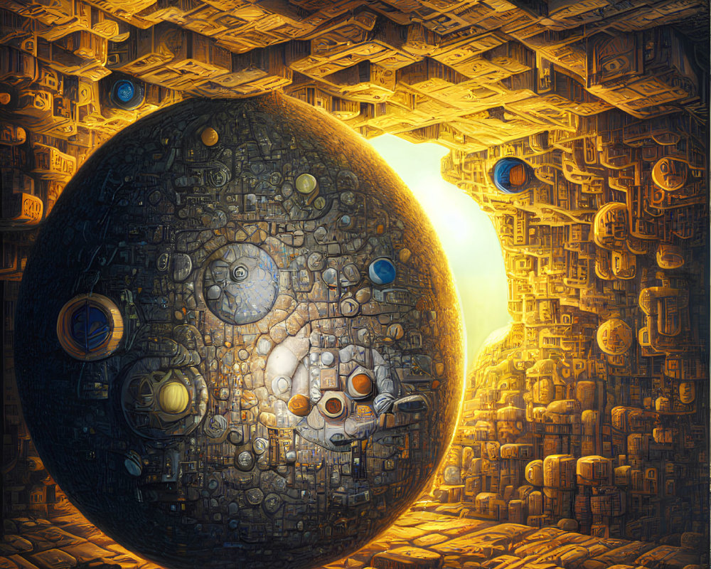Intricate sphere with mechanical details surrounded by textured blocks in surreal setting