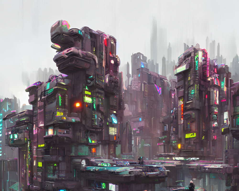 Futuristic cityscape with towering neon-lit buildings under overcast sky