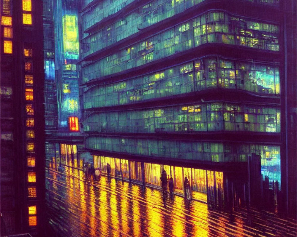 Vibrant neon cityscape with futuristic buildings and bustling night scene
