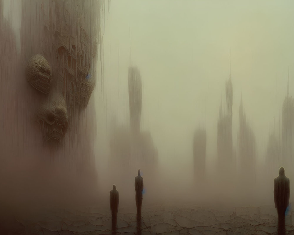 Surreal landscape with hazy atmosphere and silhouettes of people and structures