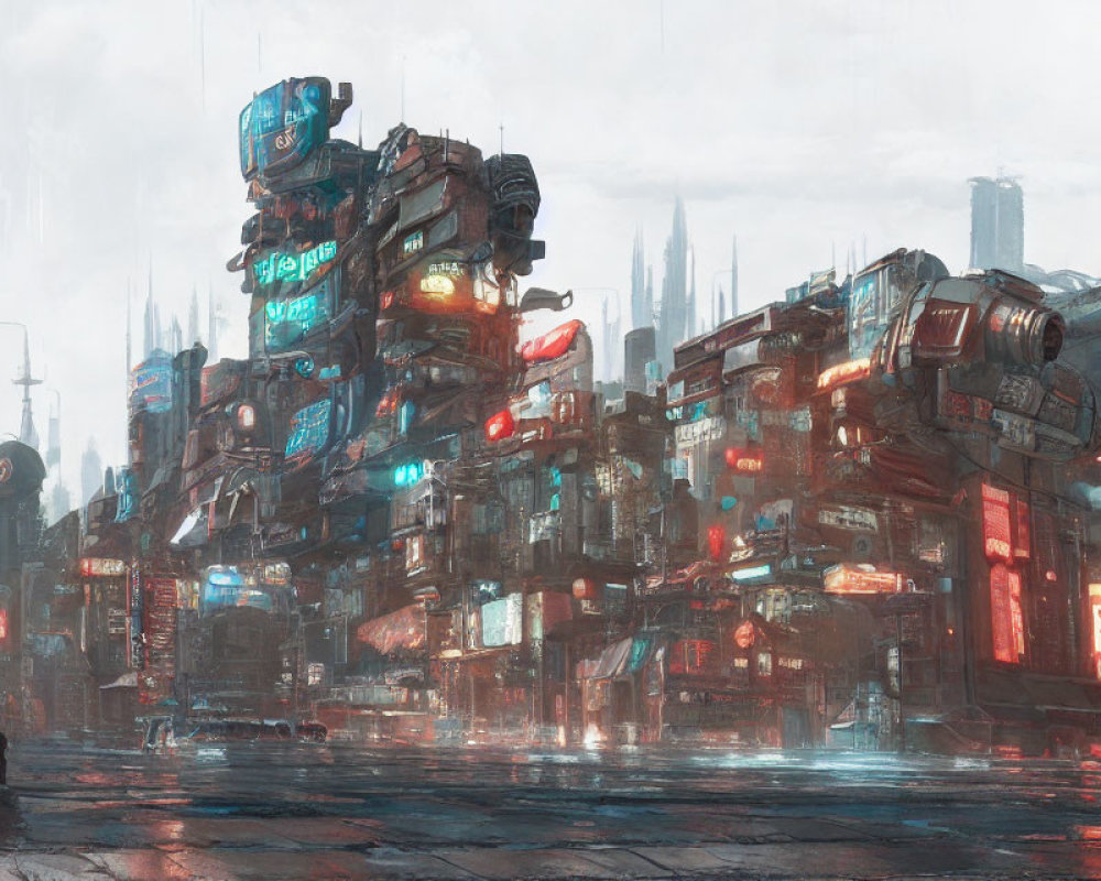 Rain-soaked cyberpunk cityscape with neon-lit buildings and solitary figure