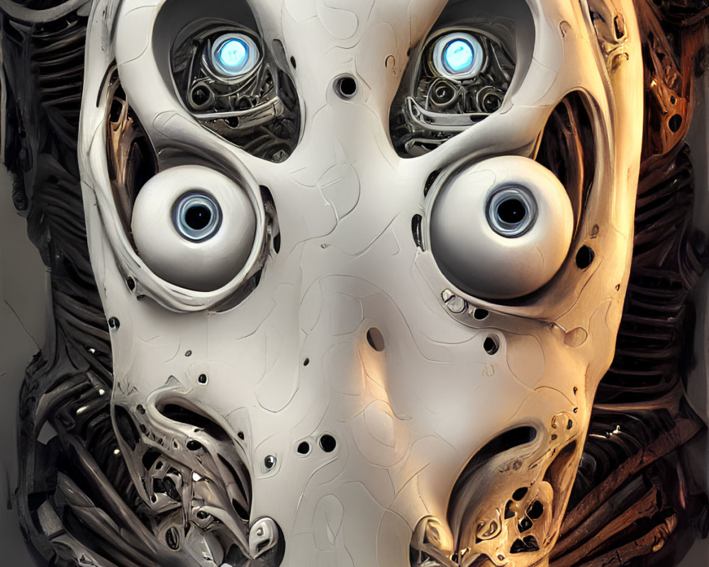 Detailed Robotic Head with Blue-Eyed Optics and Metallic Finish