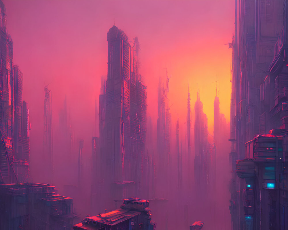 Futuristic cityscape with pink and purple haze, towering skyscrapers, and floating vehicles