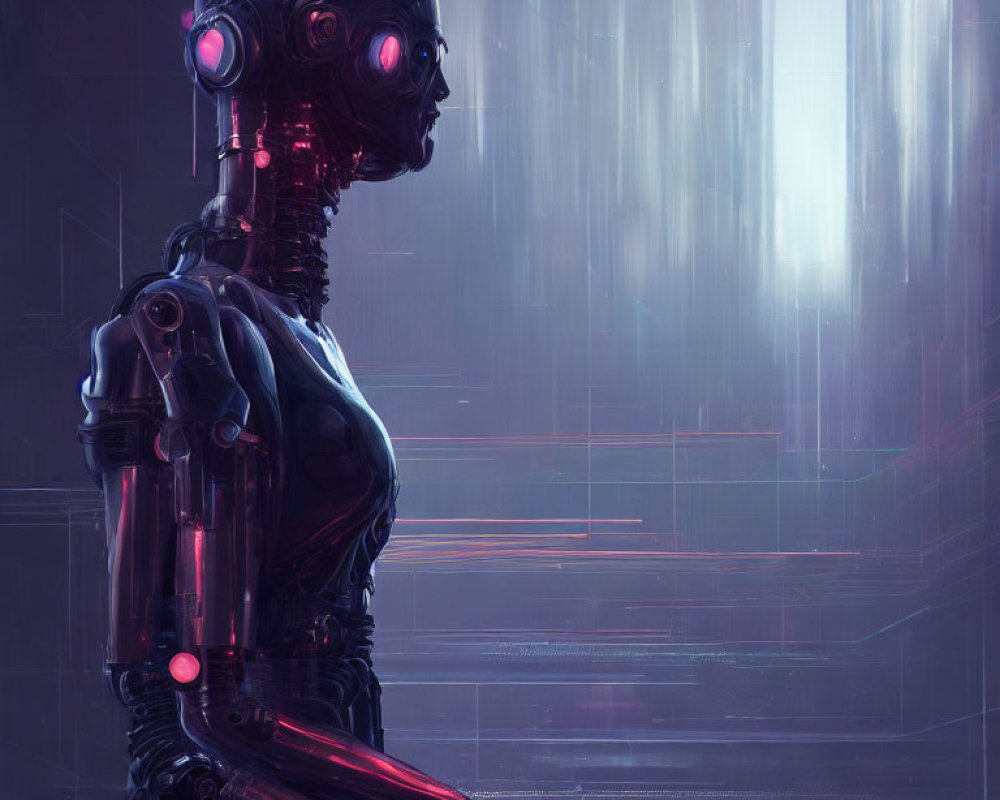 Futuristic humanoid robot with glowing red eyes in sci-fi setting