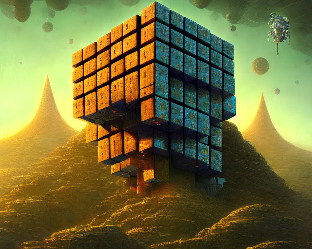 Surreal image of cube-shaped structure over rocky landscape