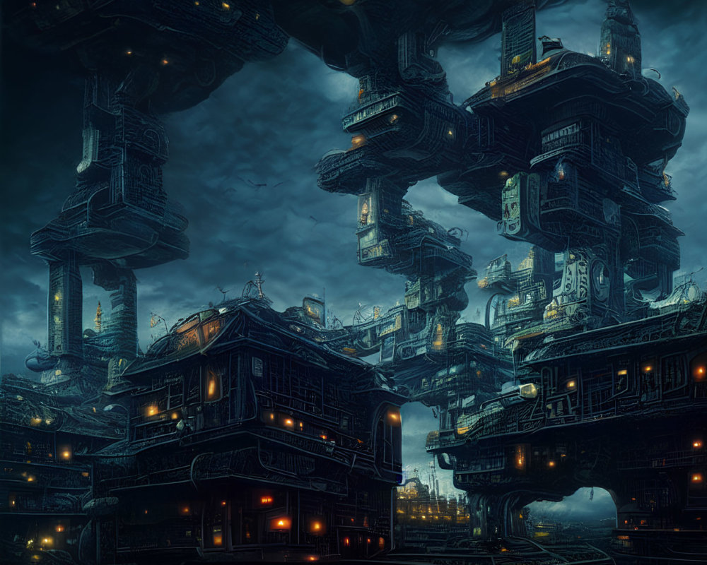 Gloomy, futuristic cityscape with towering structures and illuminated windows