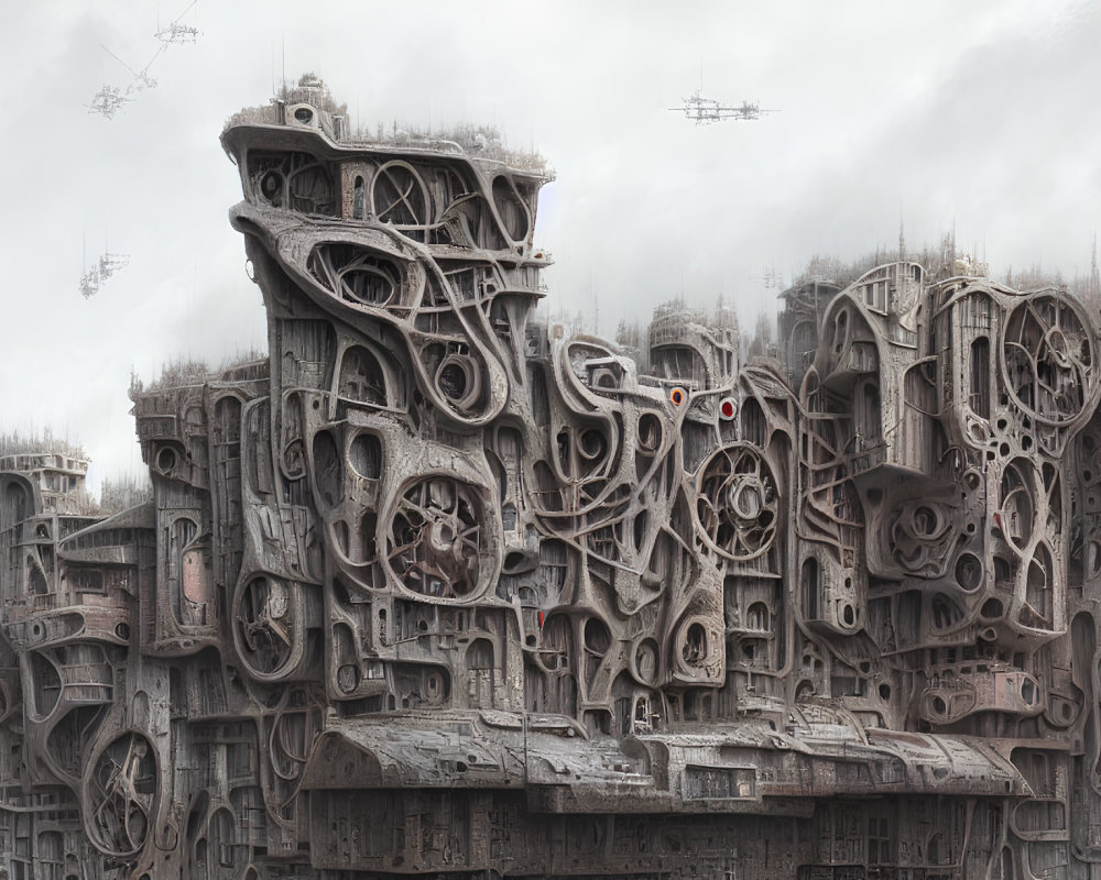 Dystopian cityscape with mechanical structures and flying ships