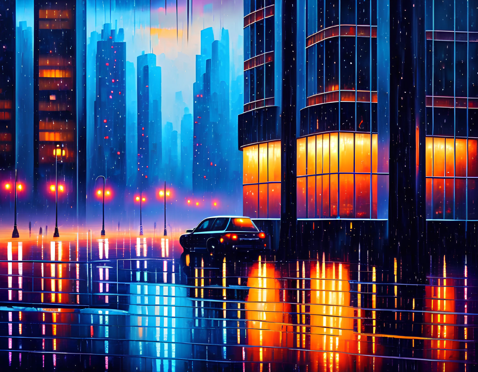 City night scene: car headlights reflect on wet street, neon buildings under colorful sky.