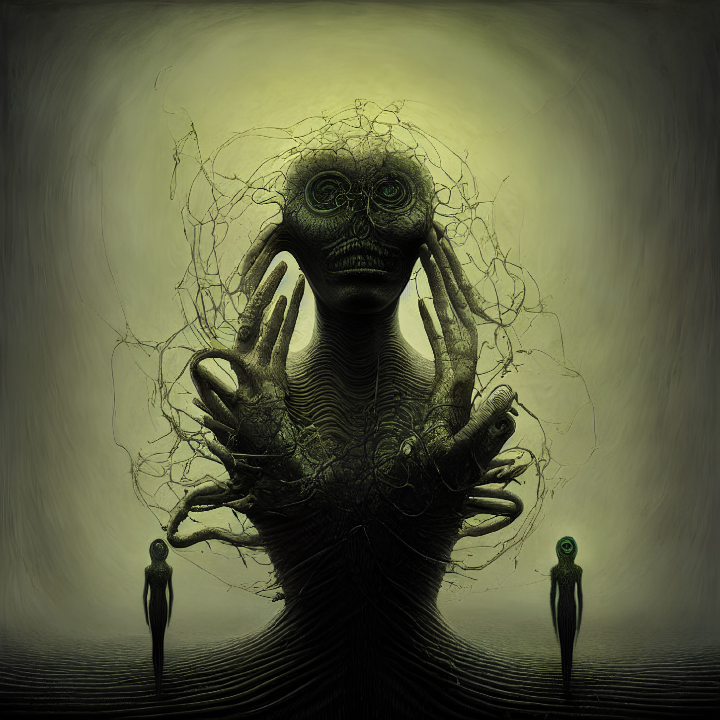 Surreal Artwork Featuring Eerie Figure and Silhouetted Figures