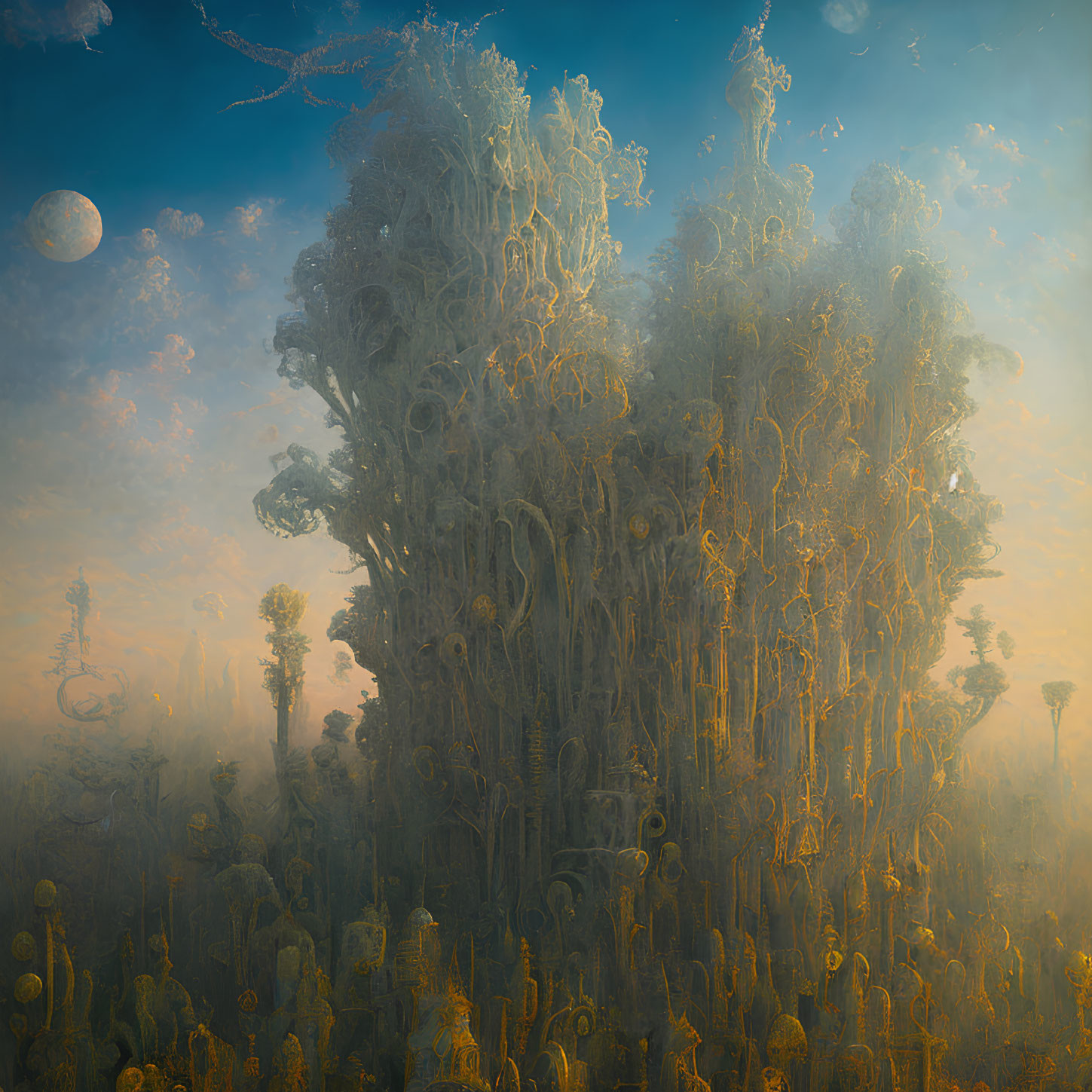 Enchanting golden mist forest with celestial sky