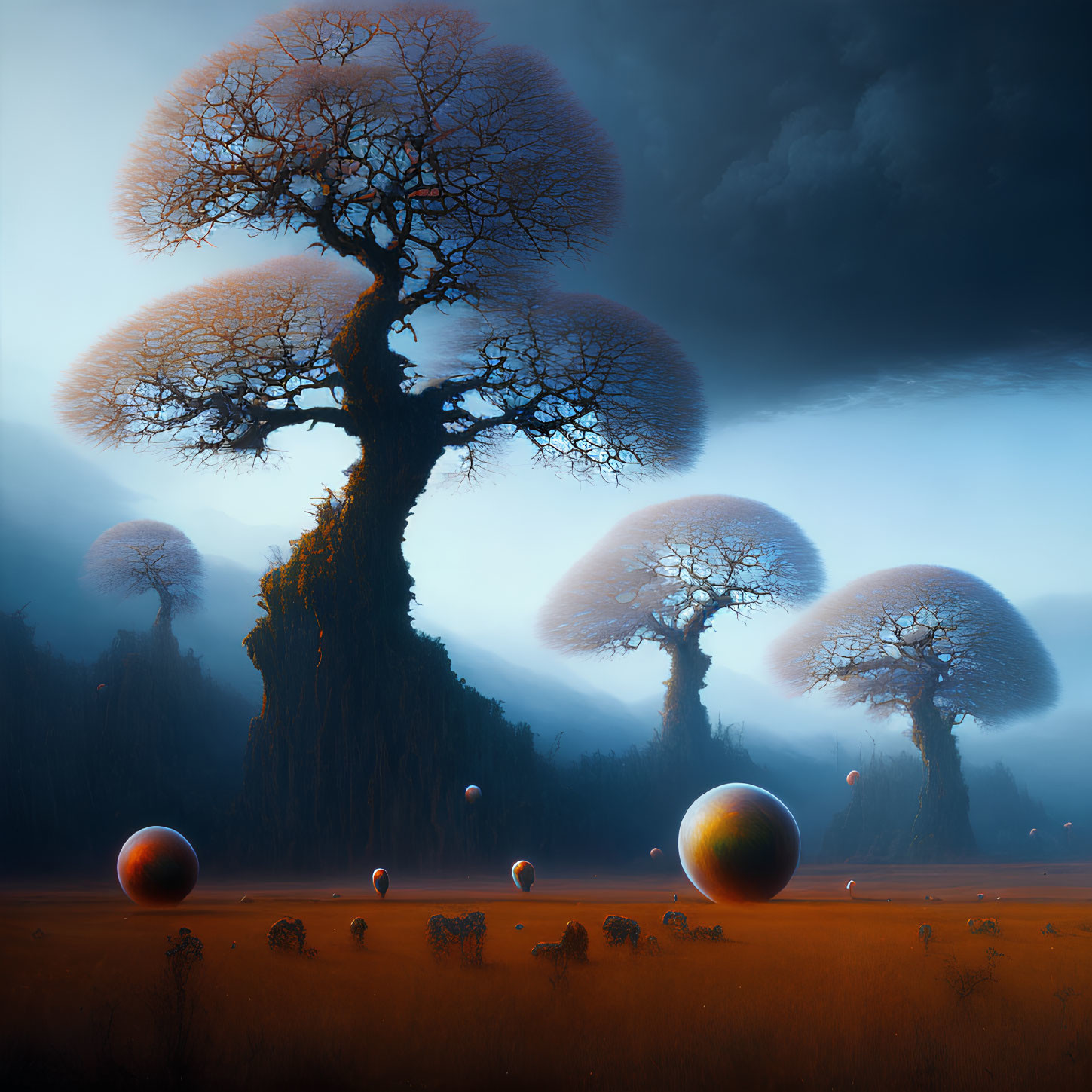 Surreal Landscape: Oversized Baobab Trees & Floating Spheres