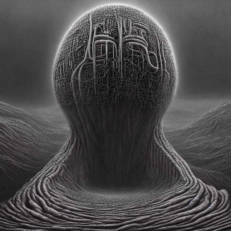 Monochrome surreal artwork featuring spherical object on textured surface