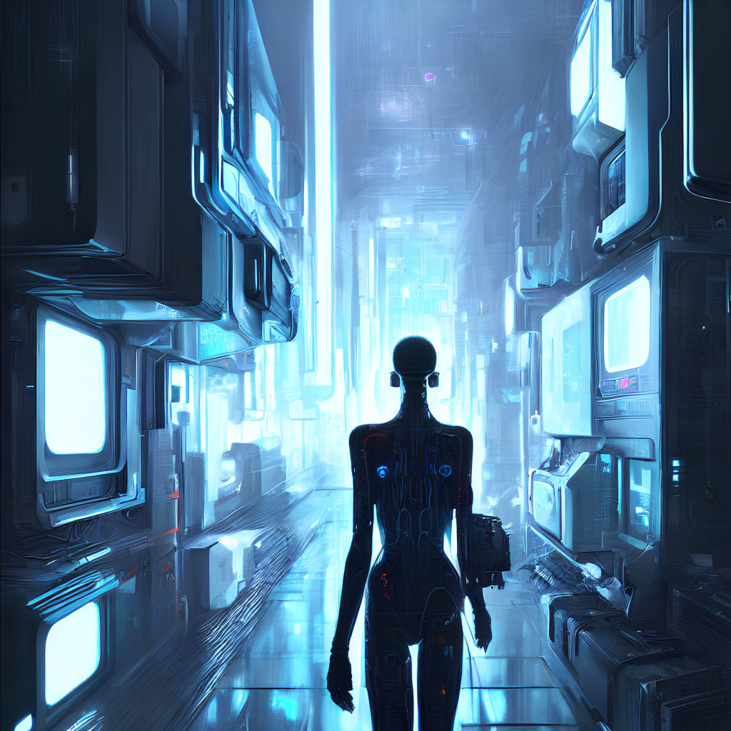 Futuristic humanoid robot in neon-lit cyberpunk cityscape