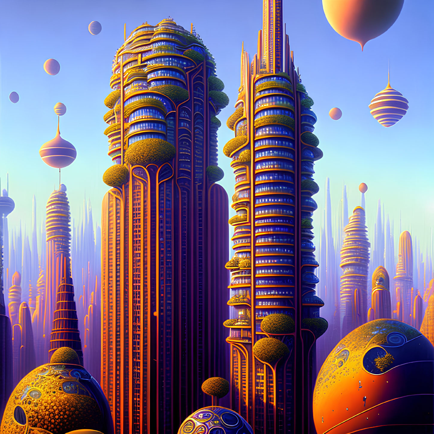 Futuristic cityscape with skyscrapers and floating orbs in purple and blue sky