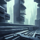 Futuristic cityscape with geometric skyscrapers in misty blue atmosphere
