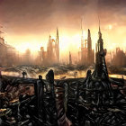 Dystopian cityscape with geometric buildings and skyscrapers at dawn or dusk