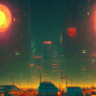 Futuristic neon-lit cityscape with glowing structures and parked cars