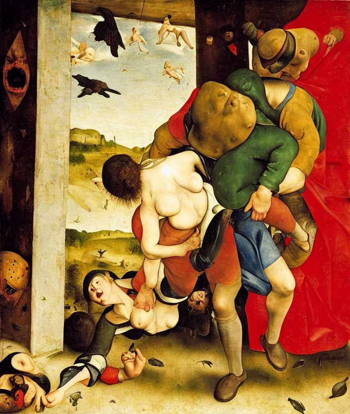 Chaotic Renaissance painting with grotesque figures in struggle