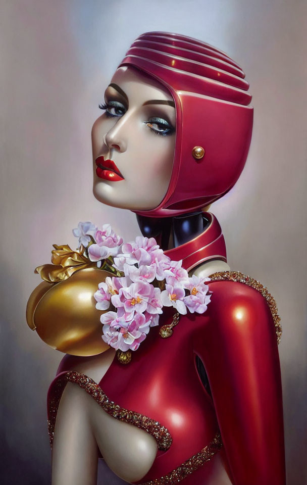 Female android with red and gold design and pink flowers.