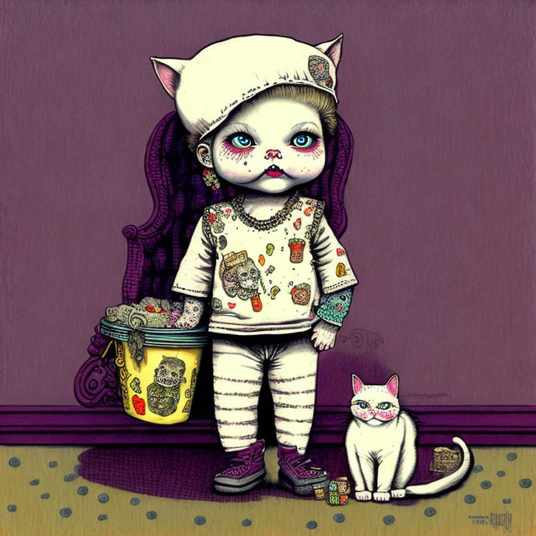 Anthropomorphic kitten boy and smaller kitten in hat and striped pants on purple background.