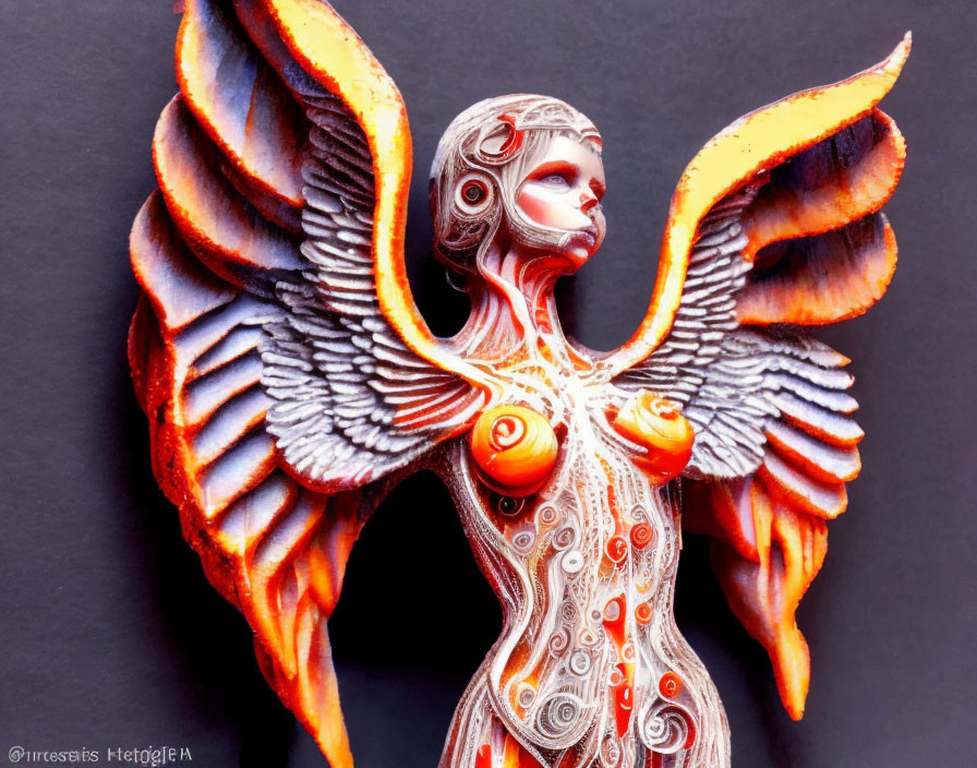Detailed Winged Woman Figurine with Orange and Grey Paint on Black Background