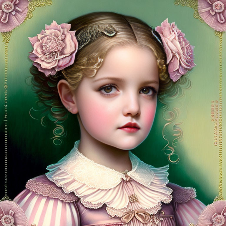 Young girl portrait with pink roses in hair and ruffled collar on striped dress
