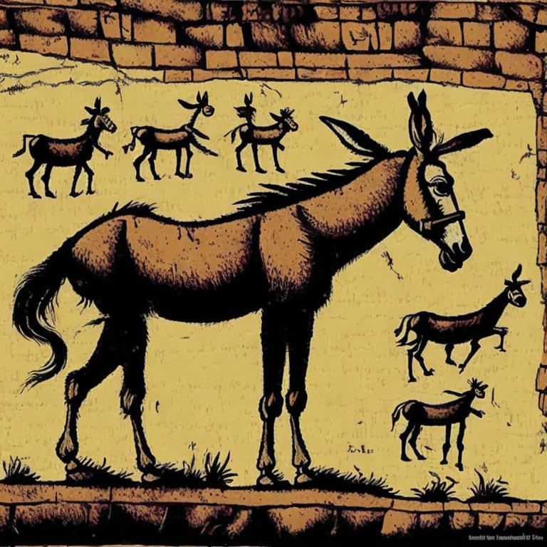 Stylized illustration of donkeys against brick wall background