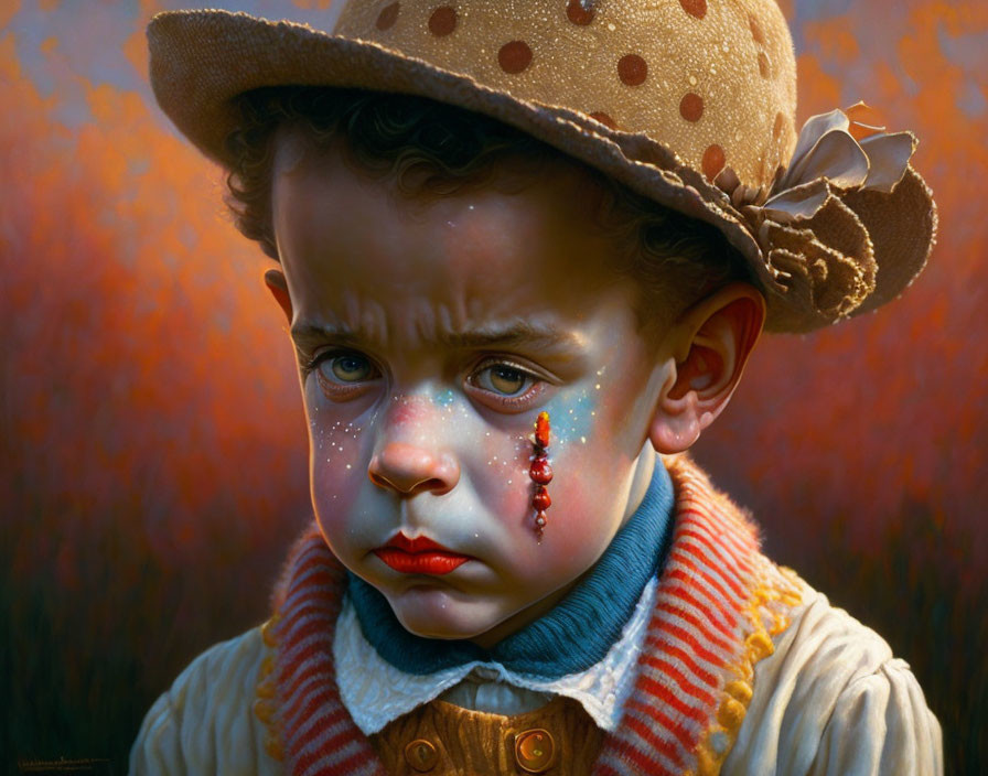 Sad young boy with clown makeup and teardrop, vintage hat, striped shirt, autumnal background
