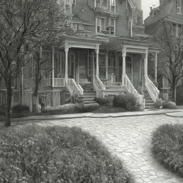 Greyscale image of ornate Victorian house with detailed façade