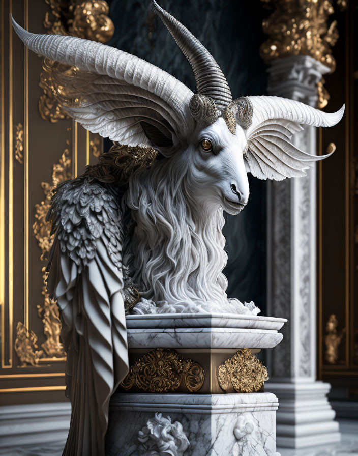 Mythical creature sculpture with goat head and wings in ornate room