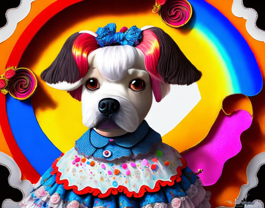 Colorful stylized dog with human-like eyes in blue collar and bow on rainbow swirl background