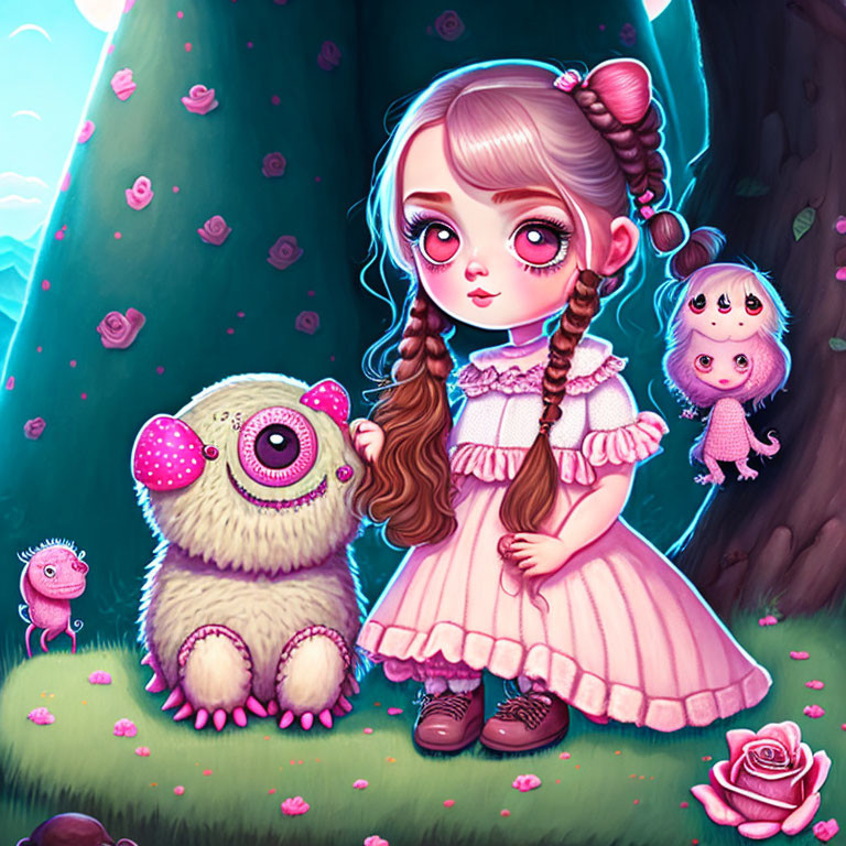 Illustration of girl with braids in magical forest with whimsical creatures.