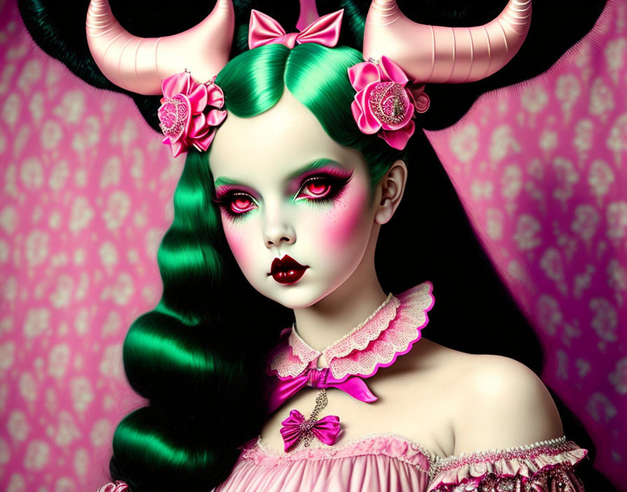 Fantasy character with green hair, horns, pink makeup, ruffled dress