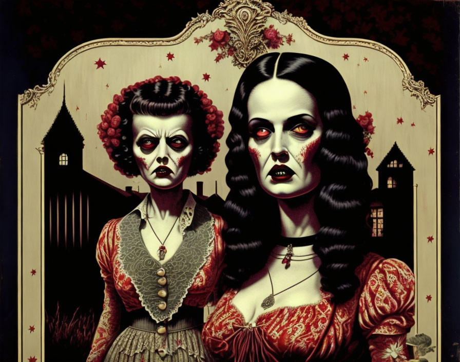 Stylized women in Gothic attire with red eyes standing by arch