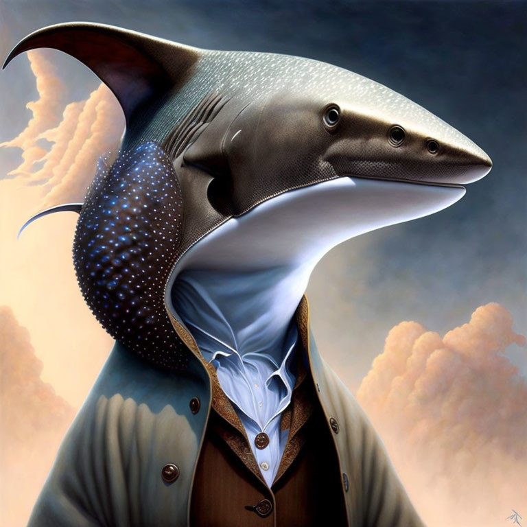 Surreal painting: Shark head on human body in suit with cloudy sky