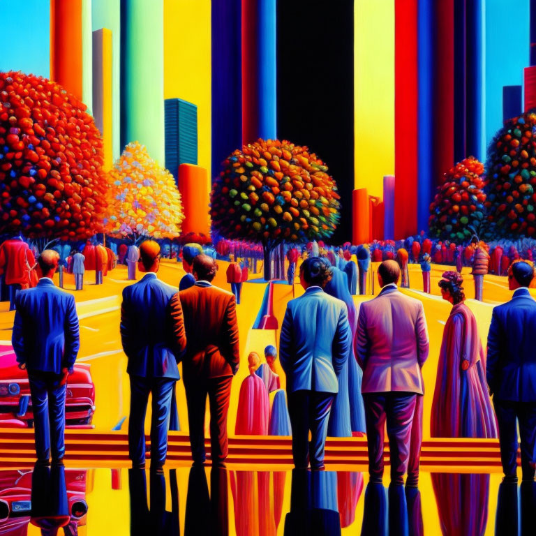 Vivid surreal artwork of people in suits walking towards vibrant cityscape