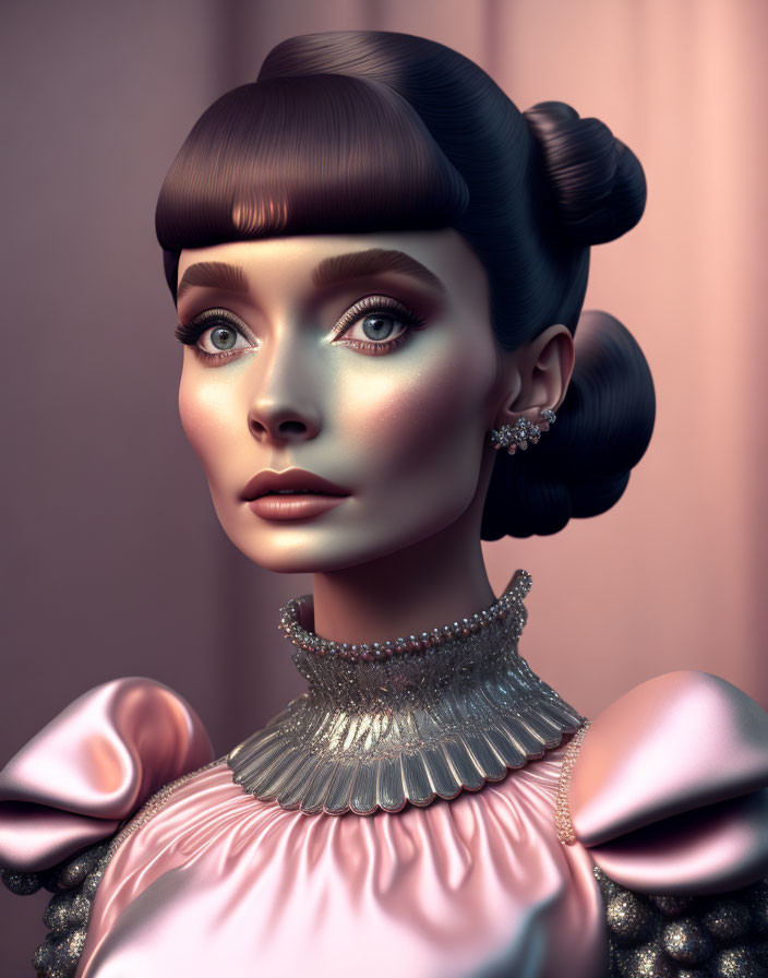 Elaborate 3D illustration of woman with dramatic makeup and pink ruffled dress