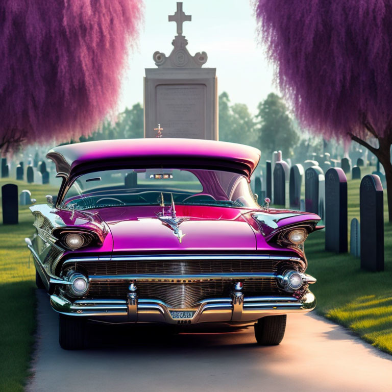 Vintage Car with Purple and Black Finish in Cemetery Setting