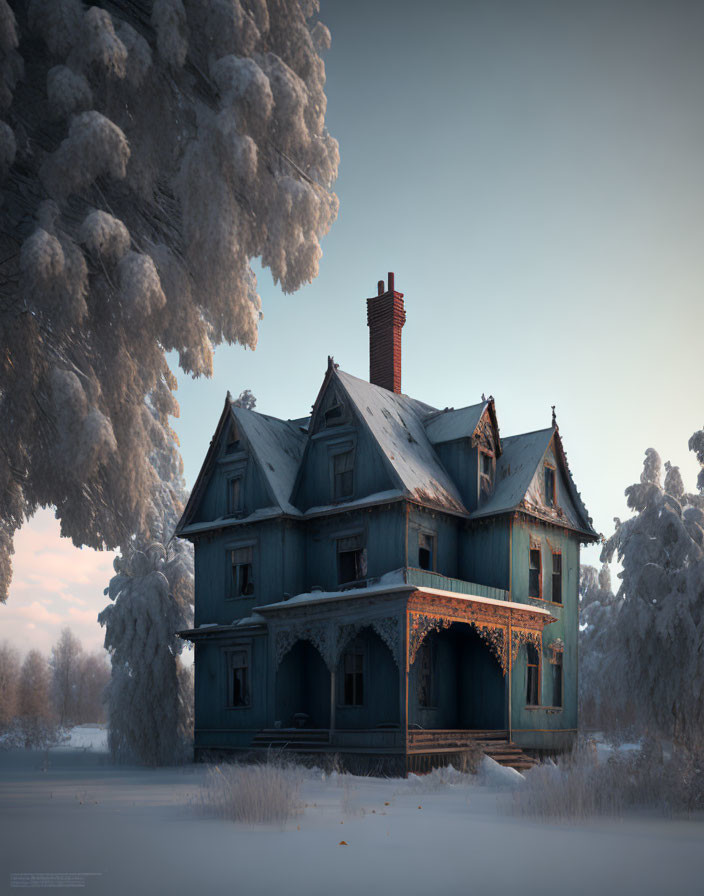 Victorian two-story house with tall chimney and snow-covered trees